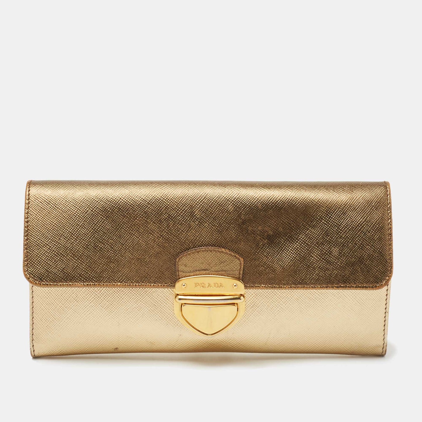 PRADA Gold Saffiano Leather Pushlock Flap Wallet