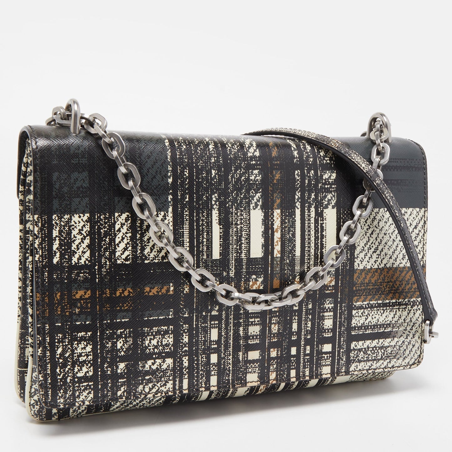 PRADA Multicolor Tartan Plaid Saffiano Leather Flap Shoulder Bag