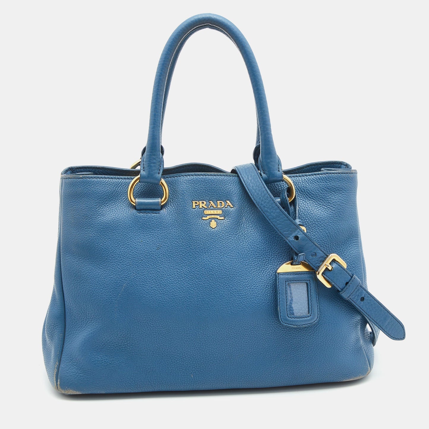 PRADA Blue Vitello Daino Leather Medium Tote