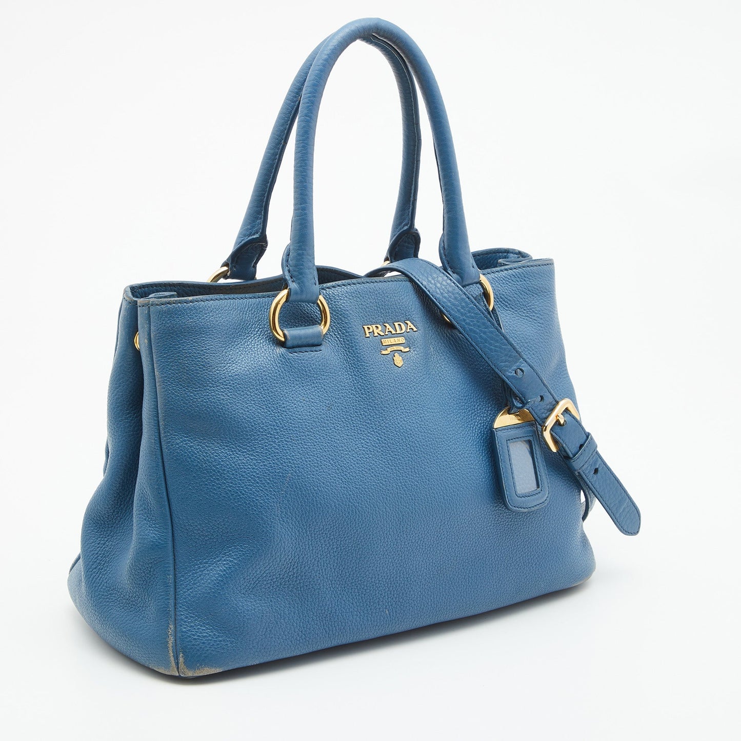 PRADA Blue Vitello Daino Leather Medium Tote