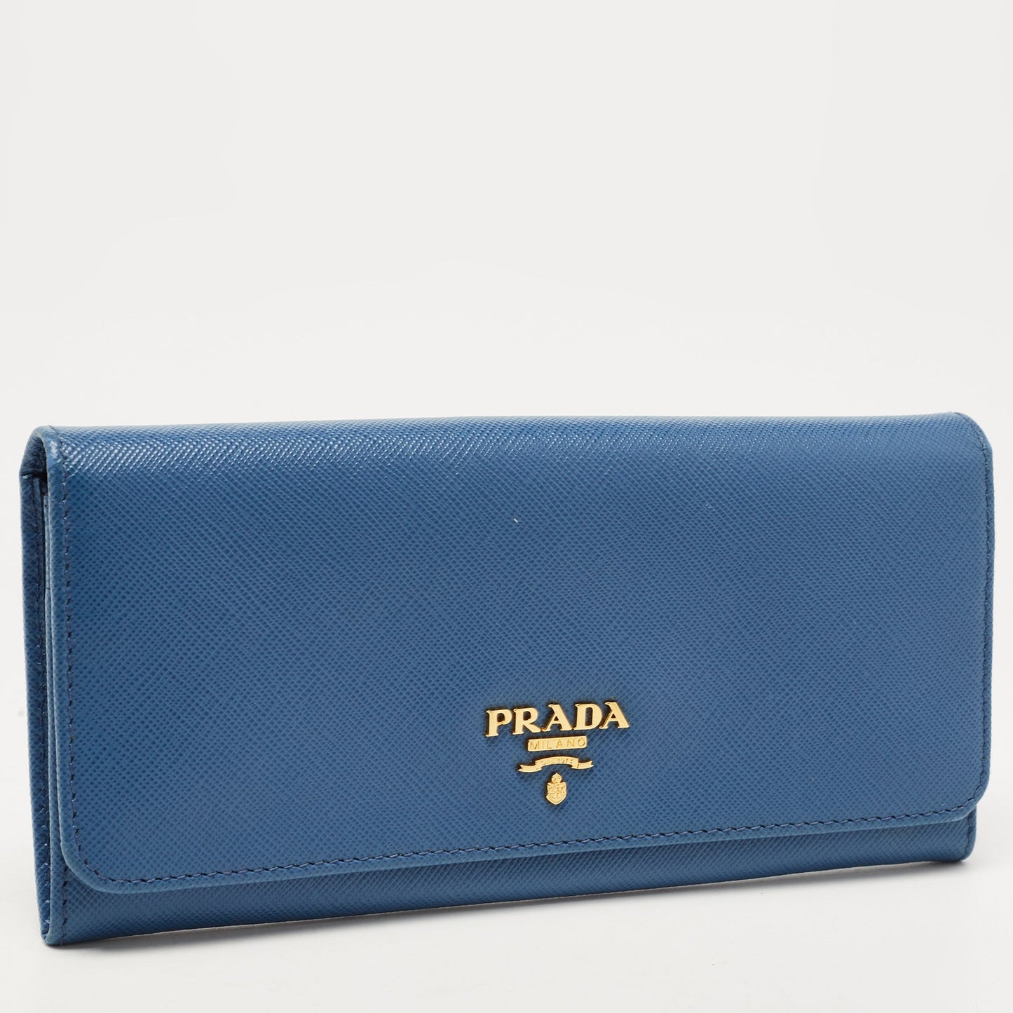 PRADA Blue Saffiano Leather Logo Flap Continental Wallet