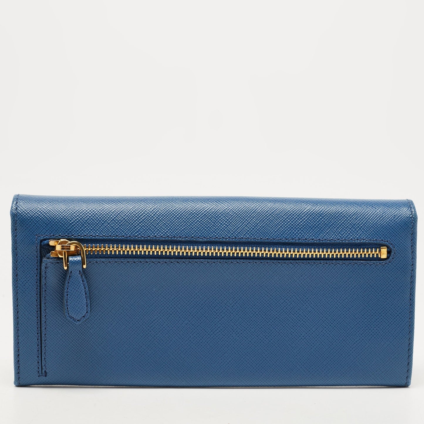 PRADA Blue Saffiano Leather Logo Flap Continental Wallet