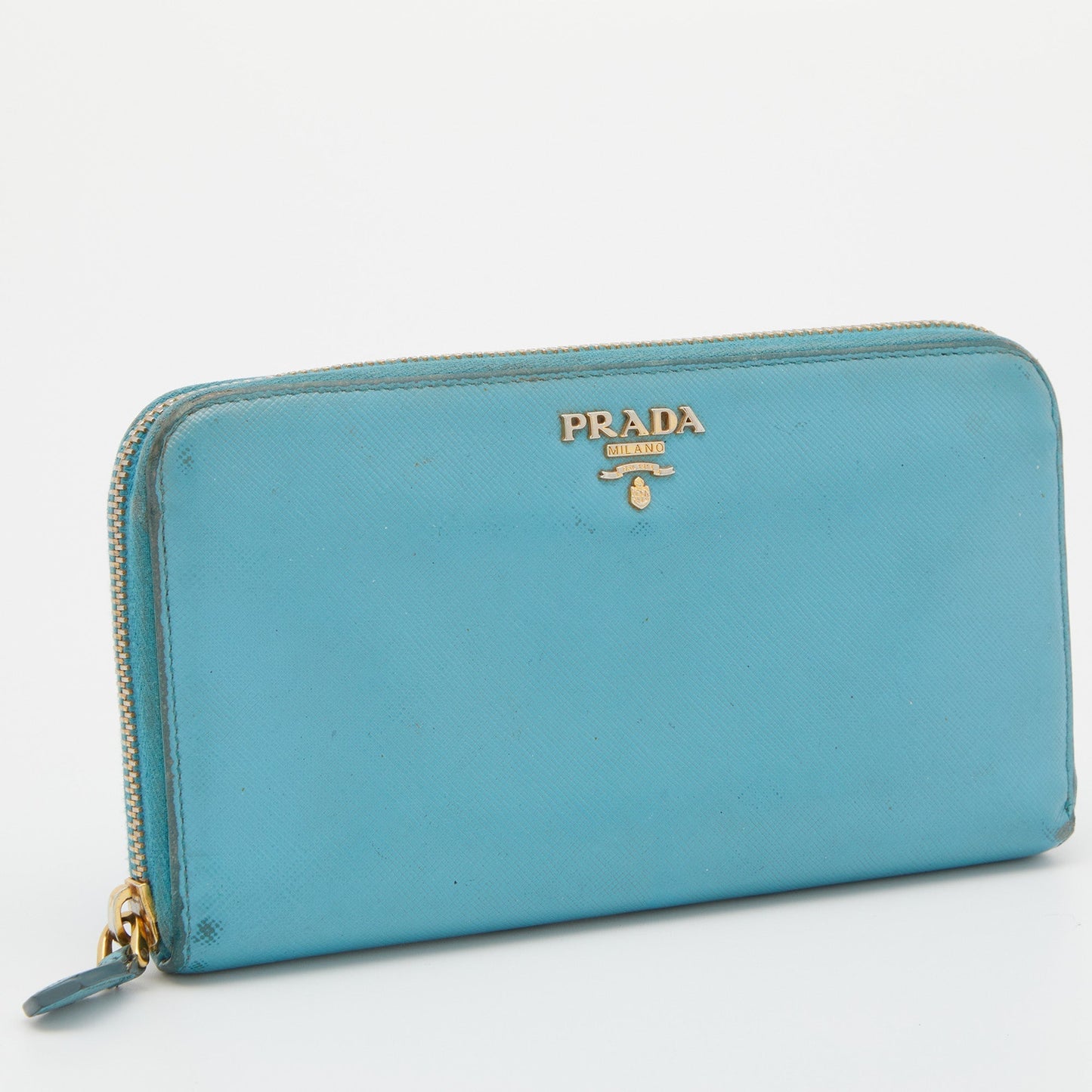 PRADA Blue Saffiano Lux Leather Zip Around Wallet