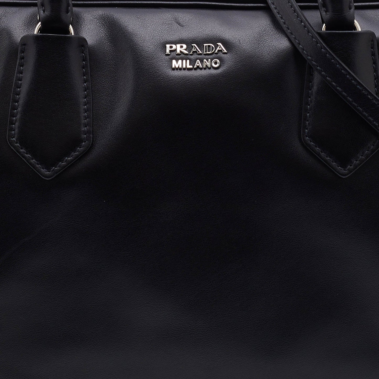 PRADA Black Leather Top Zip Boston Bag