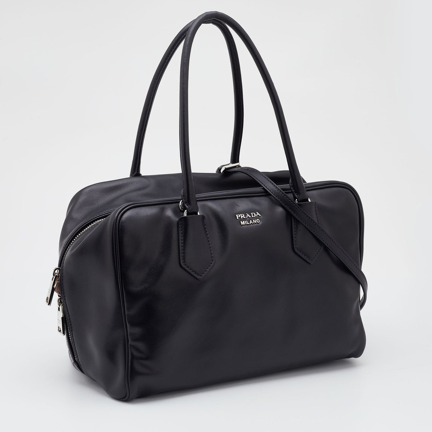 PRADA Black Leather Top Zip Boston Bag