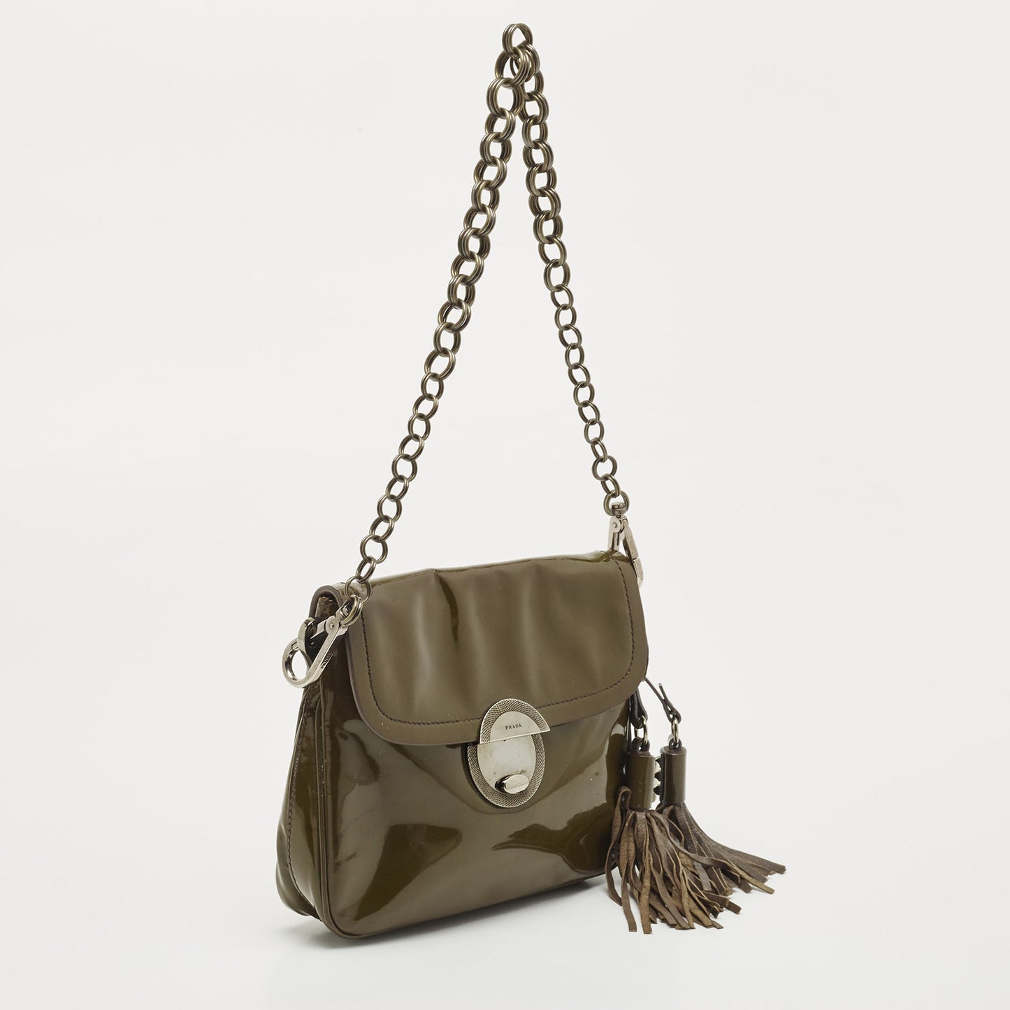 PRADA Olive Green Patent Leather Flap Chain Shoulder Bag