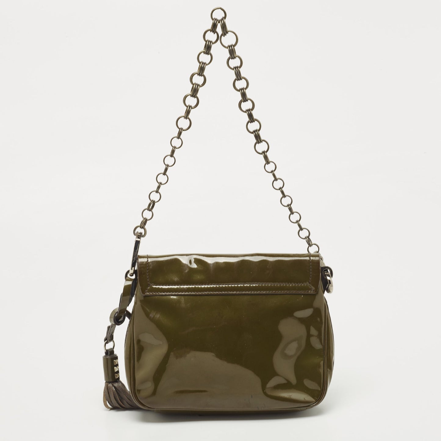 PRADA Olive Green Patent Leather Flap Chain Shoulder Bag