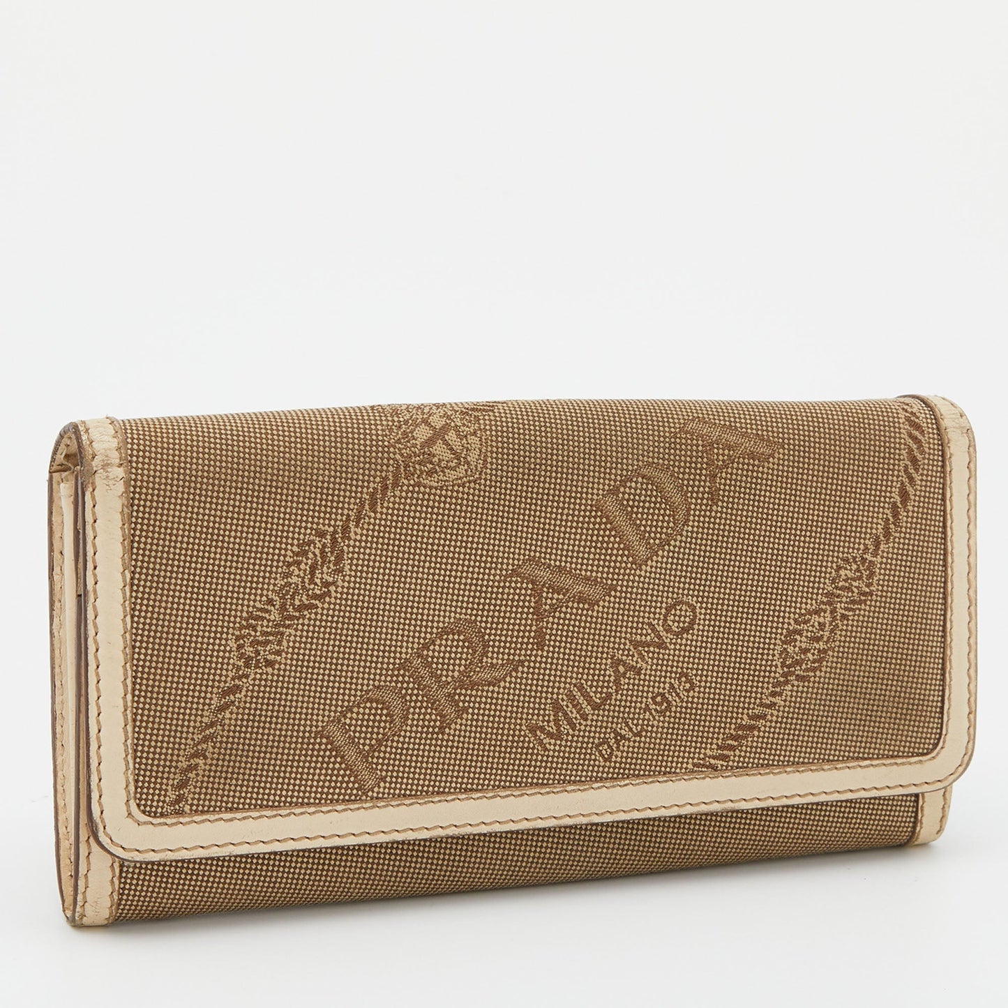 PRADA Beige Jacquard Logo Canvas and Leather Flap Continental Wallet