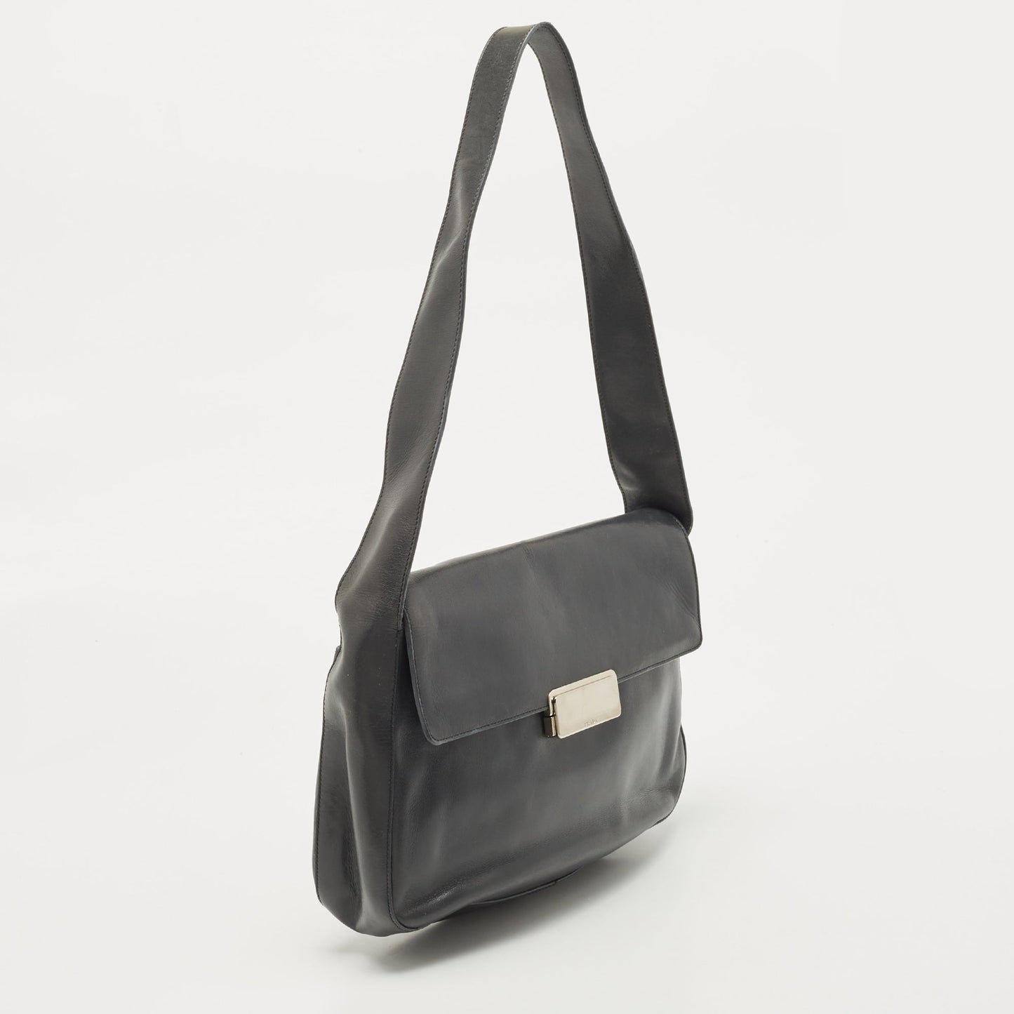 PRADA Grey Leather Pushlock Flap Shoulder Bag