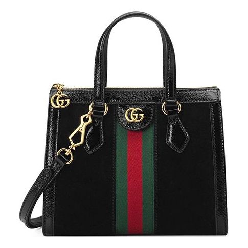 (WMNS) GUCCI Ophidia Gold Label Logo Stripe Webbing Suede Patent Leather Tote Small Black Handbag 547551-D6ZYB-1060