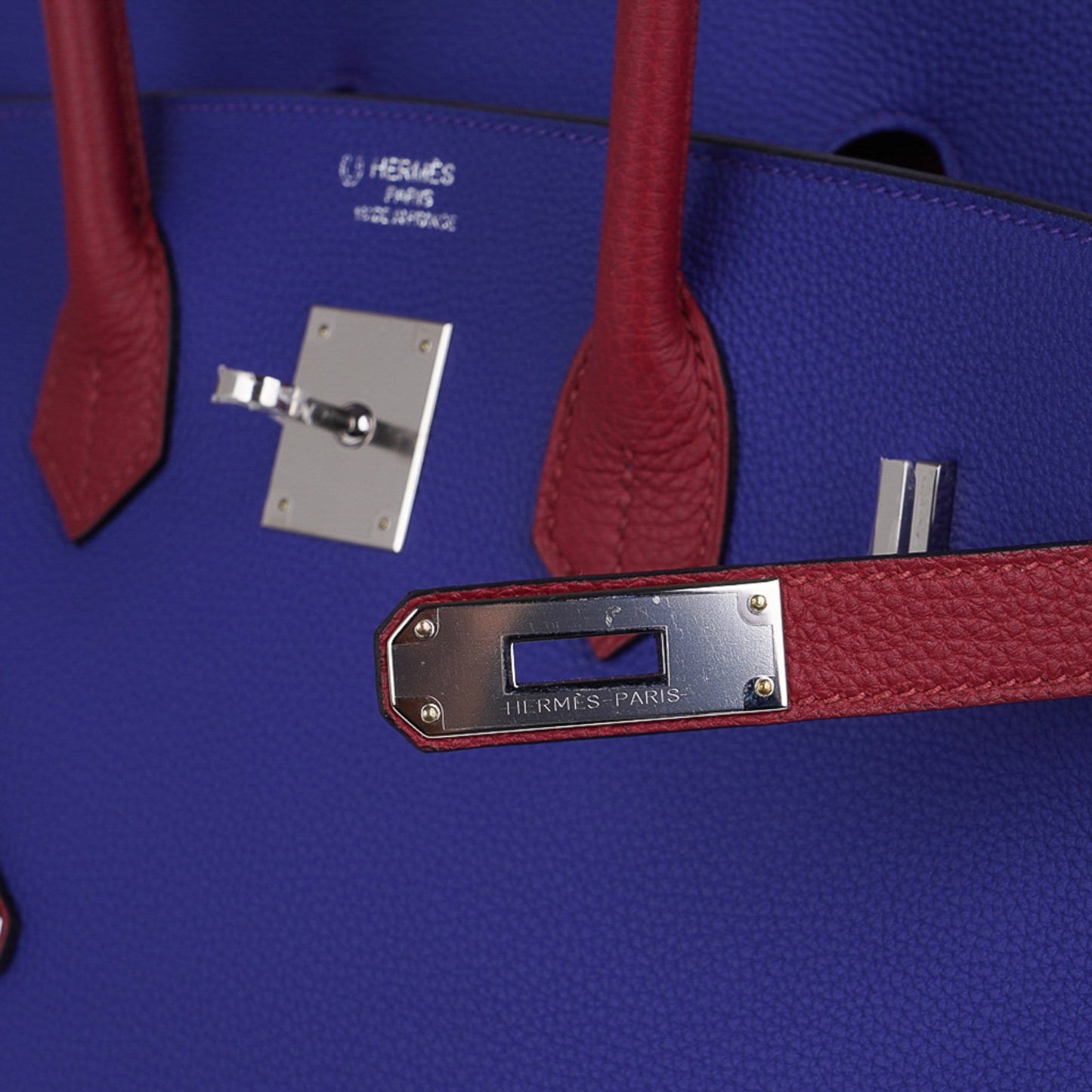 Hermes Special Order HSS Birkin 35 Bag Blue Electric & Rouge Grenat Togo Leather with Palladium Hardware