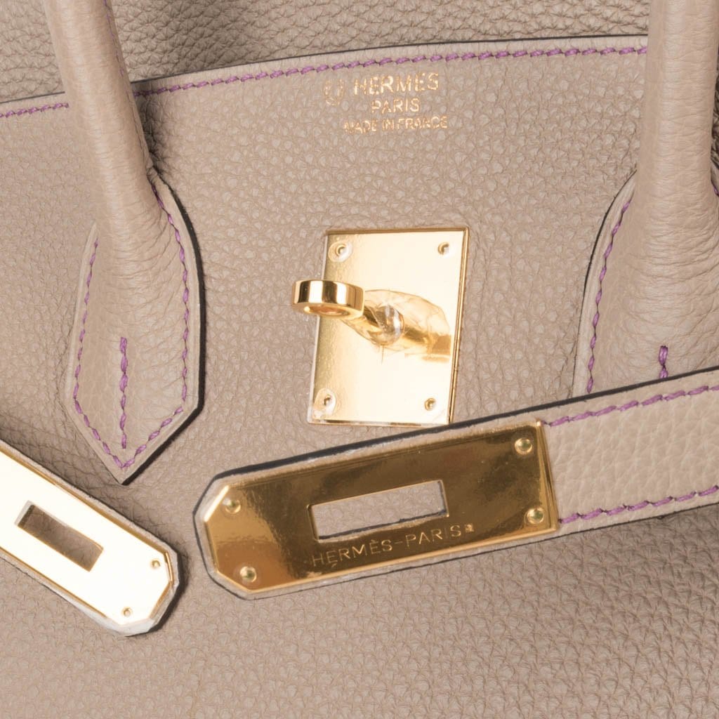 Hermes Special Order HSS Tri Colour Birkin 35 Bag Gris Tourterelle & Blue Paon Purple Stitching with Gold Hardware