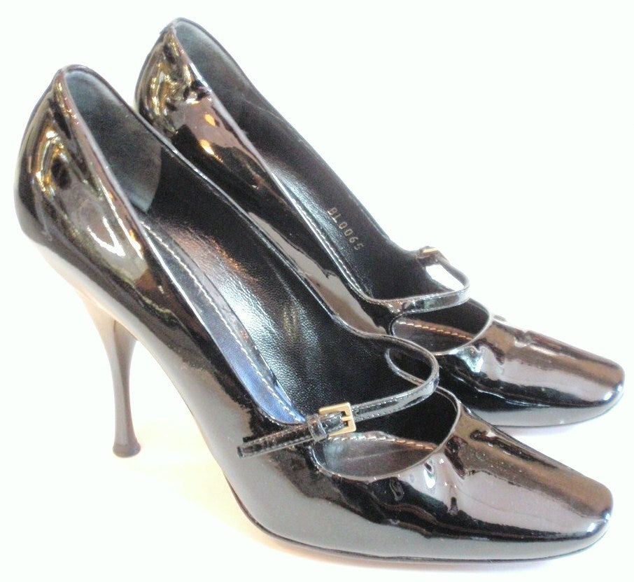 LOUIS VUITTON Slick Black Patent Leather Square Toe Cut Out Buckle Vamp Heel