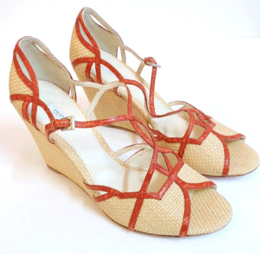 PRADA Woven Straw w/ Orange T-Strap Wedge Sandal Size 39