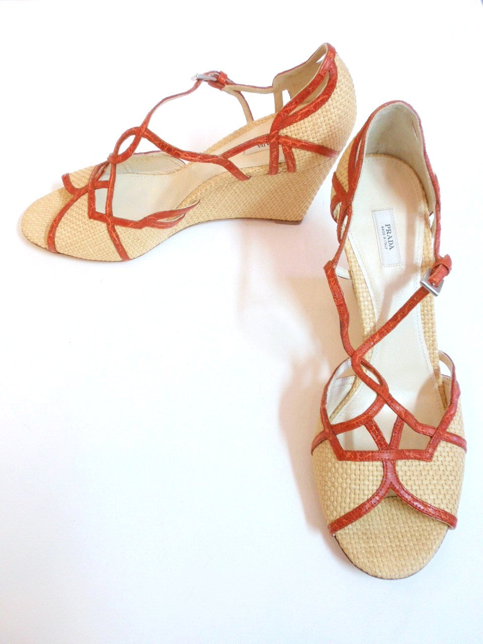 PRADA Woven Straw w/ Orange T-Strap Wedge Sandal Size 39