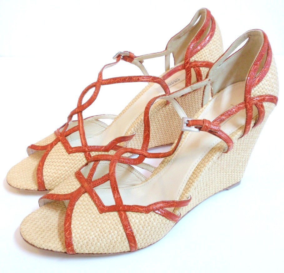 PRADA Woven Straw w/ Orange T-Strap Wedge Sandal Size 39