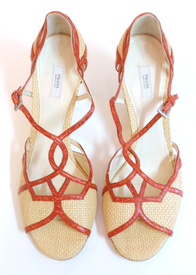 PRADA Woven Straw w/ Orange T-Strap Wedge Sandal Size 39