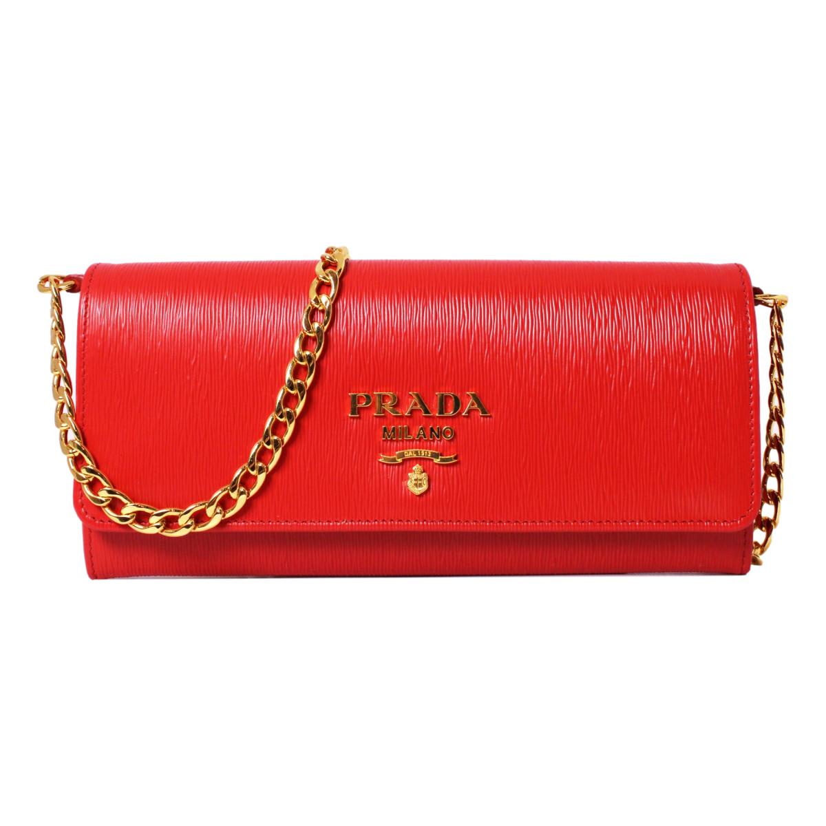 Prada Lacca Red Vitello Move Leather Chain Wallet Crossbody 1MT290