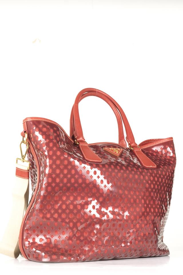 Prada Laser Cut Saffiano-trimmed Red Leather Tote