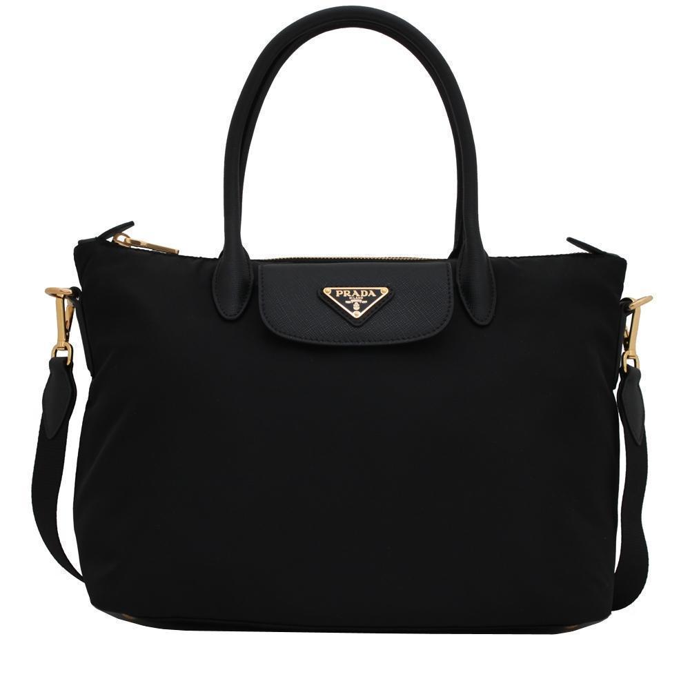 Prada Tessuto Nylon Saffiano Leather Black Shopping Tote Bag 1BA106