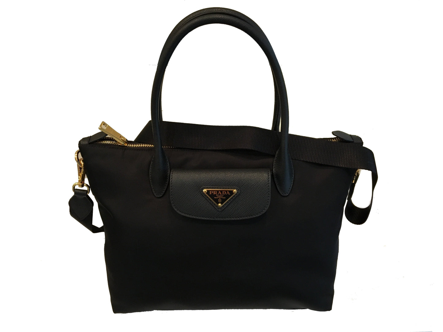 Prada Tessuto Nylon Saffiano Leather Black Shopping Tote Bag 1BA106