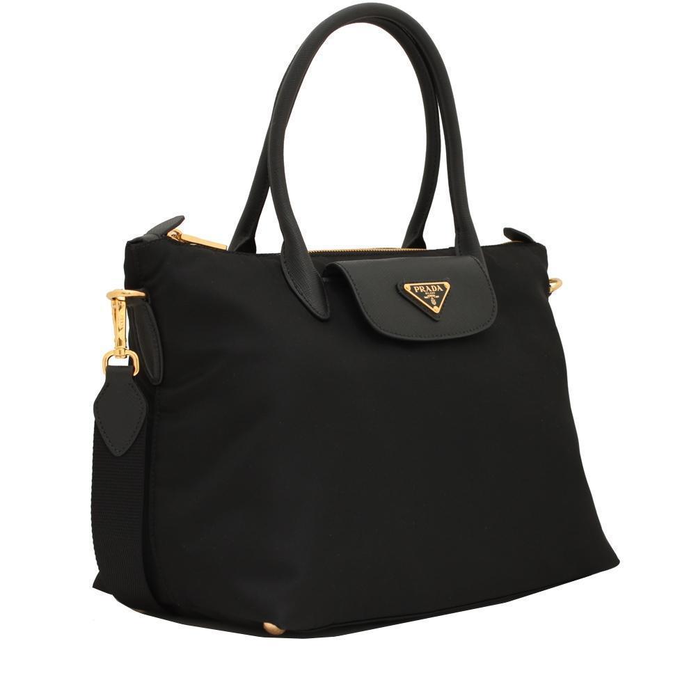 Prada Tessuto Nylon Saffiano Leather Black Shopping Tote Bag 1BA106