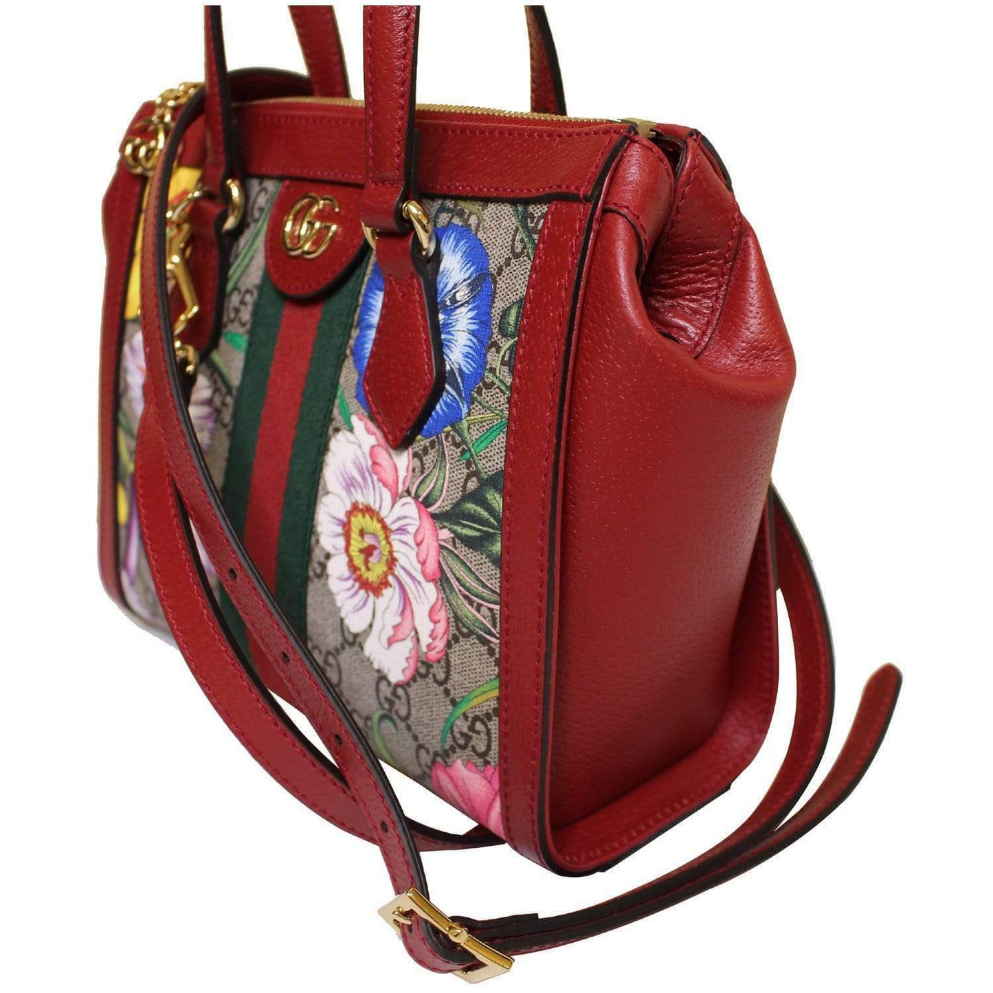 Gucci Ophidia Red Flora Small Tote GG Leather Canvas Flower Handbag Bag Italy NW