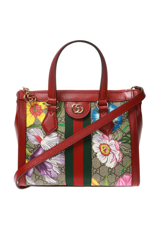 Gucci Ophidia Red Flora Small Tote GG Leather Canvas Flower Handbag Bag Italy NW