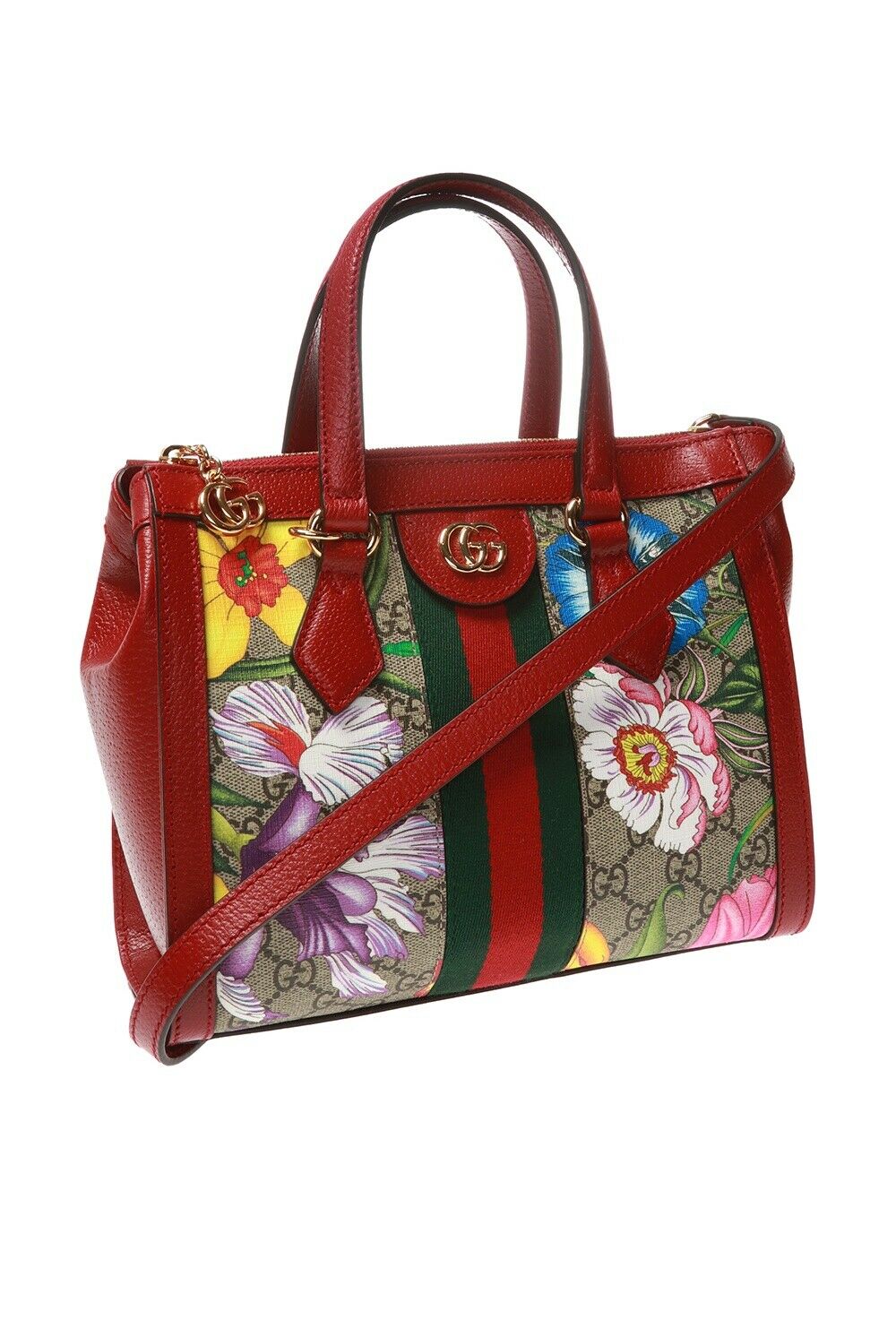 Gucci Ophidia Red Flora Small Tote GG Leather Canvas Flower Handbag Bag Italy NW