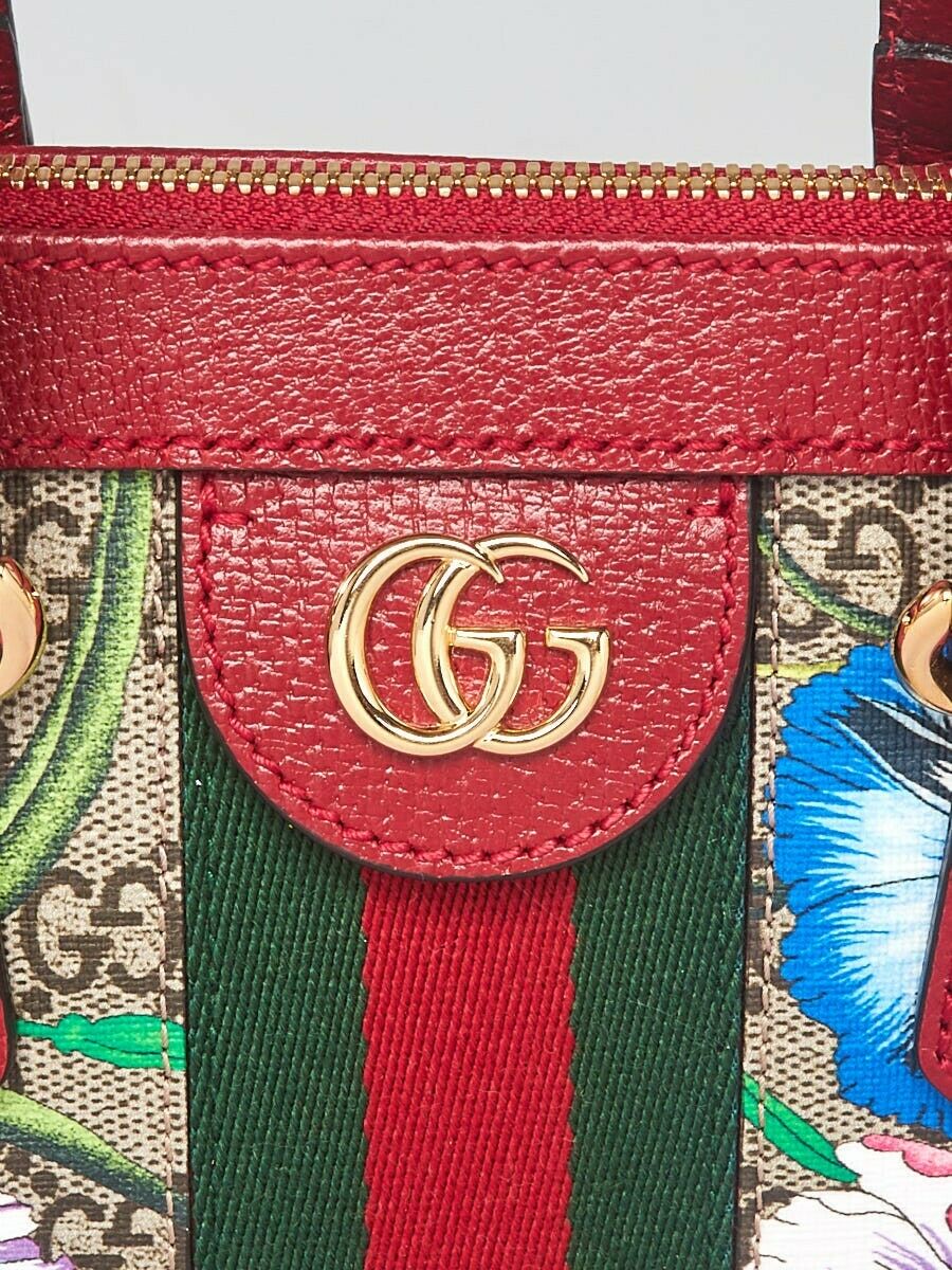 Gucci Ophidia Red Flora Small Tote GG Leather Canvas Flower Handbag Bag Italy NW