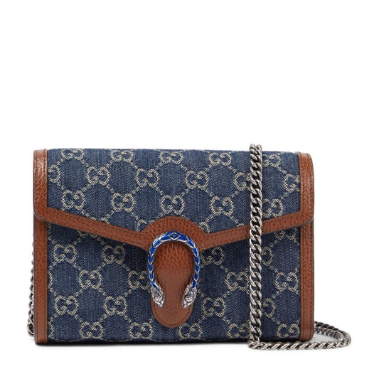 Gucci Dionysus GG Mini Chain Wallet Brown Denim Crossbody Handbag Italy New