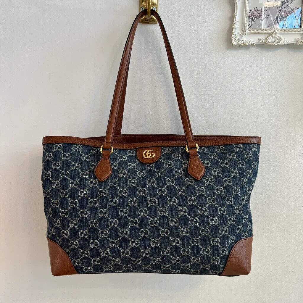 GUCCI Ophidia GG Jacquard Denim Tote Bag Italy Brown Leather Handbag New