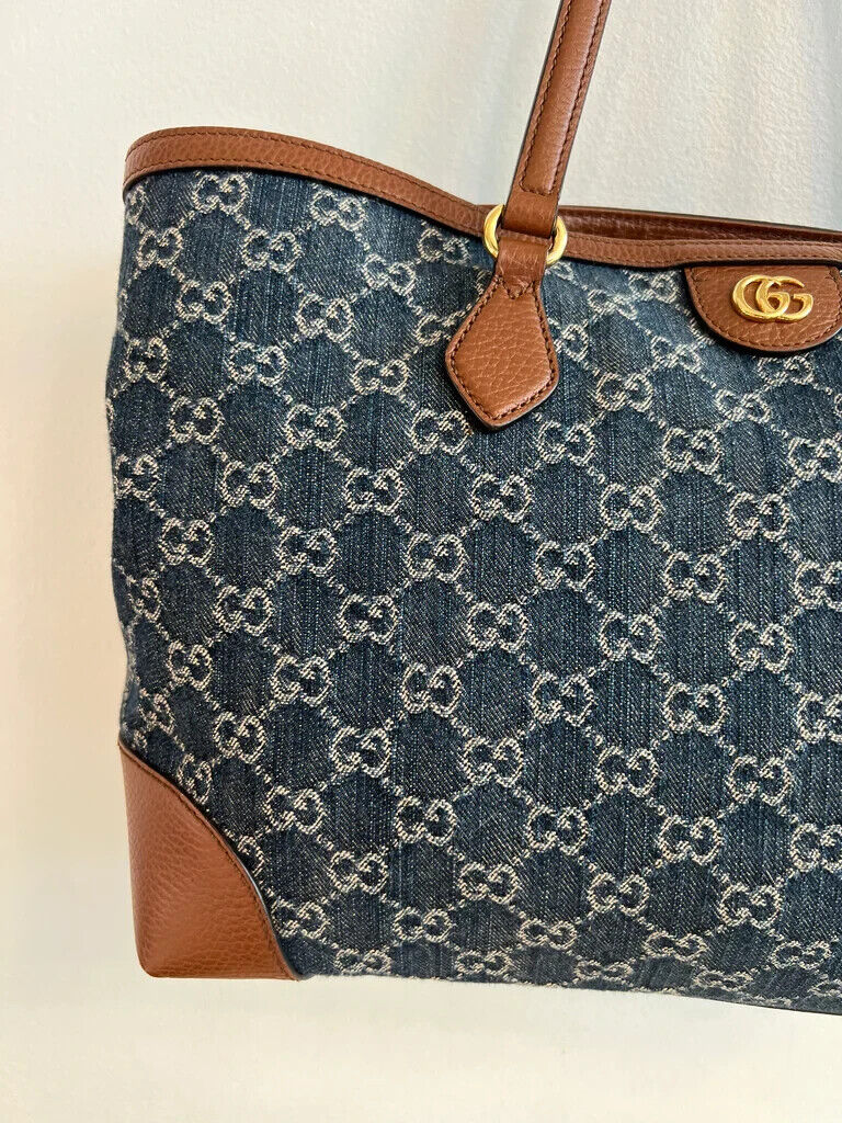 GUCCI Ophidia GG Jacquard Denim Tote Bag Italy Brown Leather Handbag New