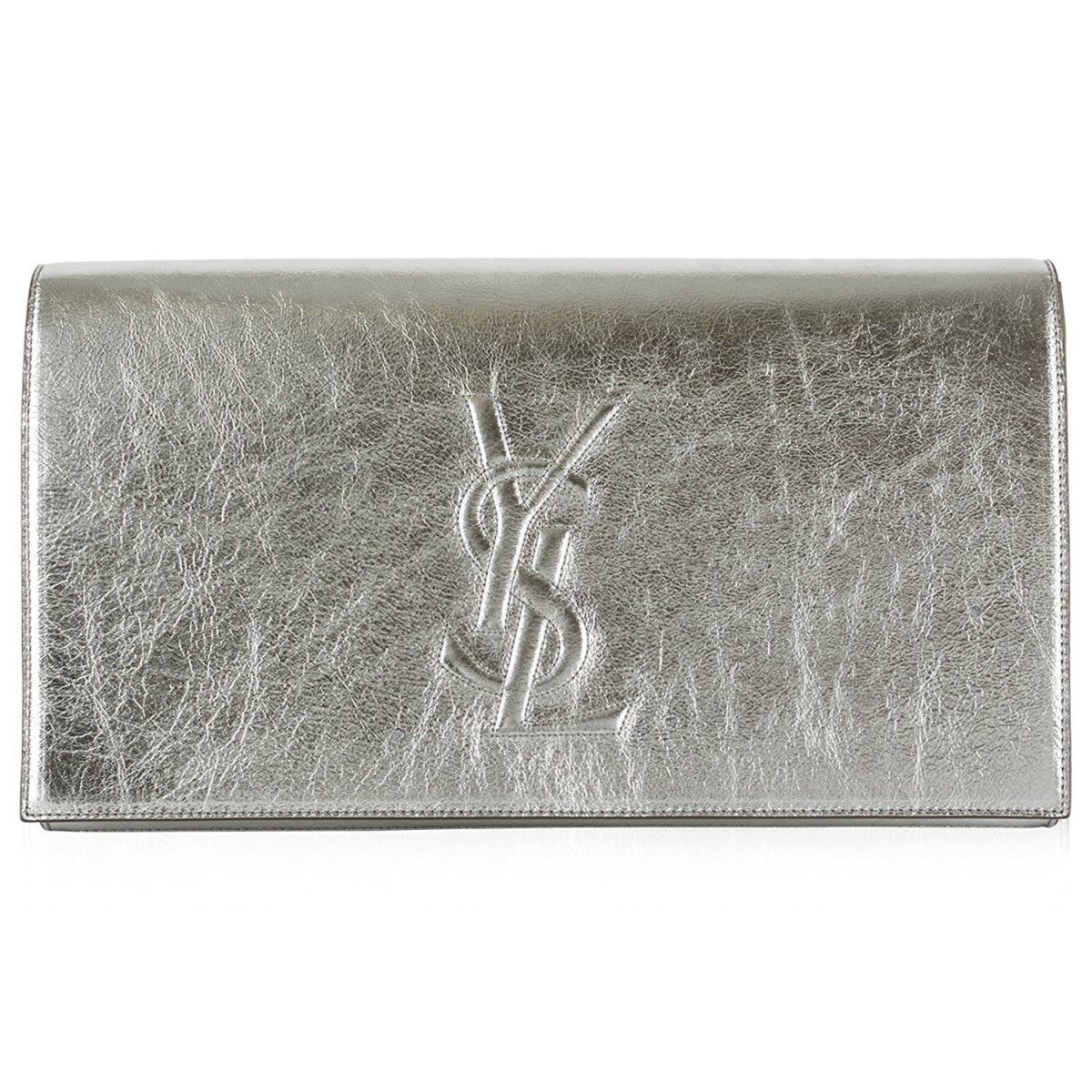 Saint Laurent YSL Belle de Jour Large Metallic Silver Leather Clutch Bag 568937