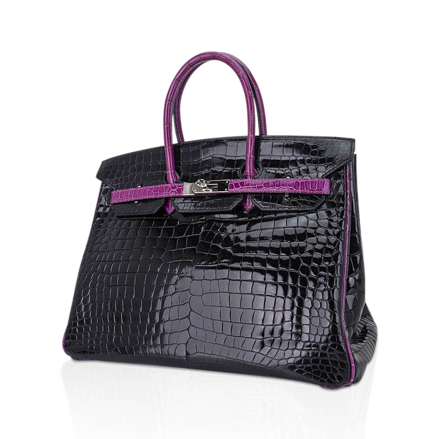 Hermes Special Order HSS Birkin 35 Bag Black & Violet Porosus Crocodile with Palladium Hardware