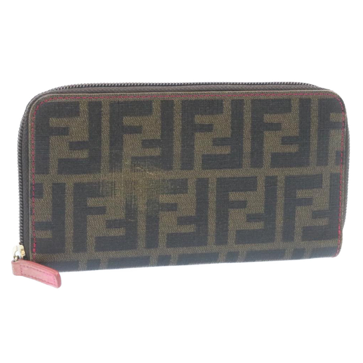 FENDI Zucca Canvas Zip Around Long Wallet Brown Auth th2112