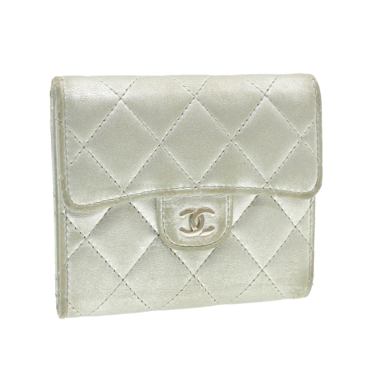 CHANEL Matelasse Bifold Wallet Silver CC  cr620