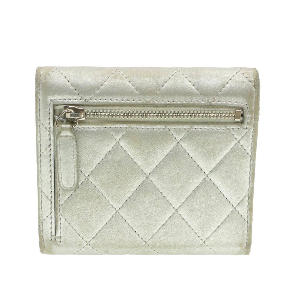 CHANEL Matelasse Bifold Wallet Silver CC  cr620