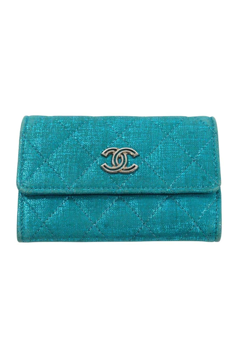 CHANEL Iridescent Turquoise Quilted Flap Card Holder