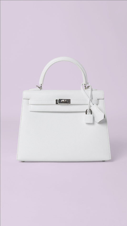 Hermes Special Order (HSS) Kelly Sellier 25 White Verso Epsom Palladium Hardware - For NA