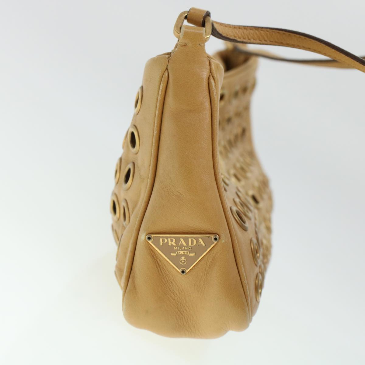 PRADA Punching Shoulder Bag Leather Beige  yk6935