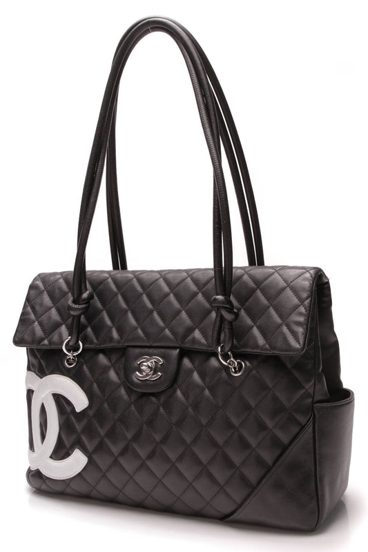 Cambon Ligne Flap Large Tote Bag - Black Calfskin