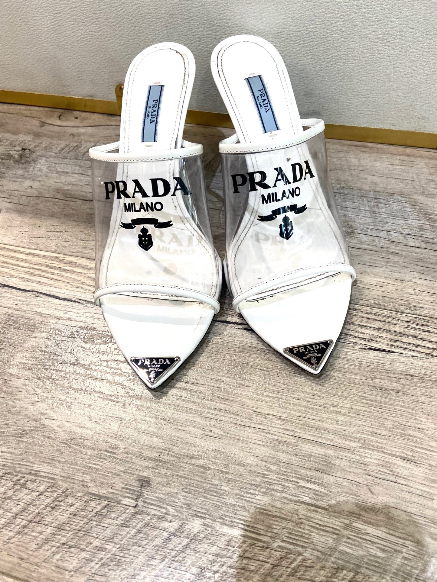 PRADA LOGO PRINT PLEXIGLAS HIGH HEEL SLIDE SANDALS