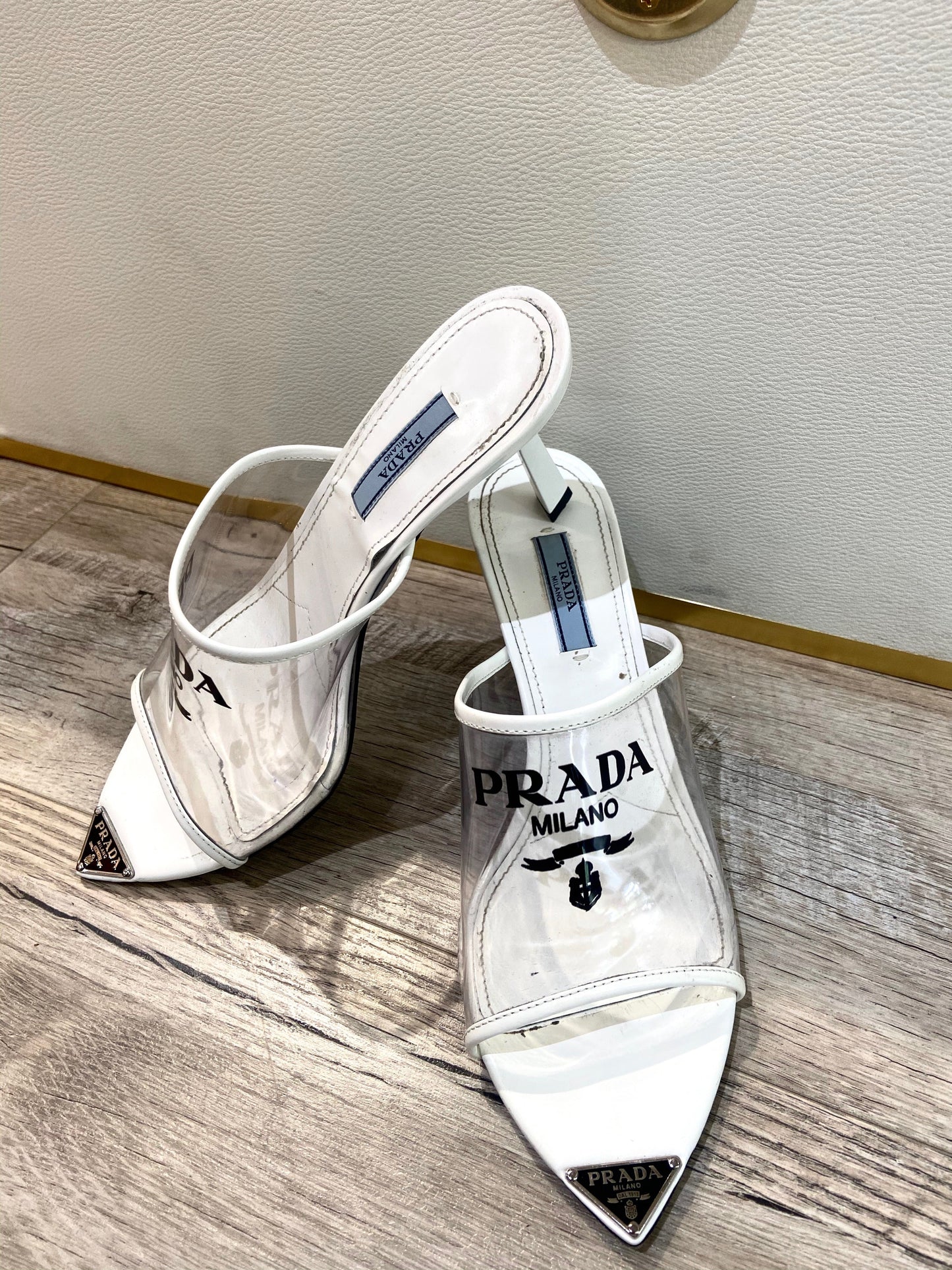 PRADA LOGO PRINT PLEXIGLAS HIGH HEEL SLIDE SANDALS