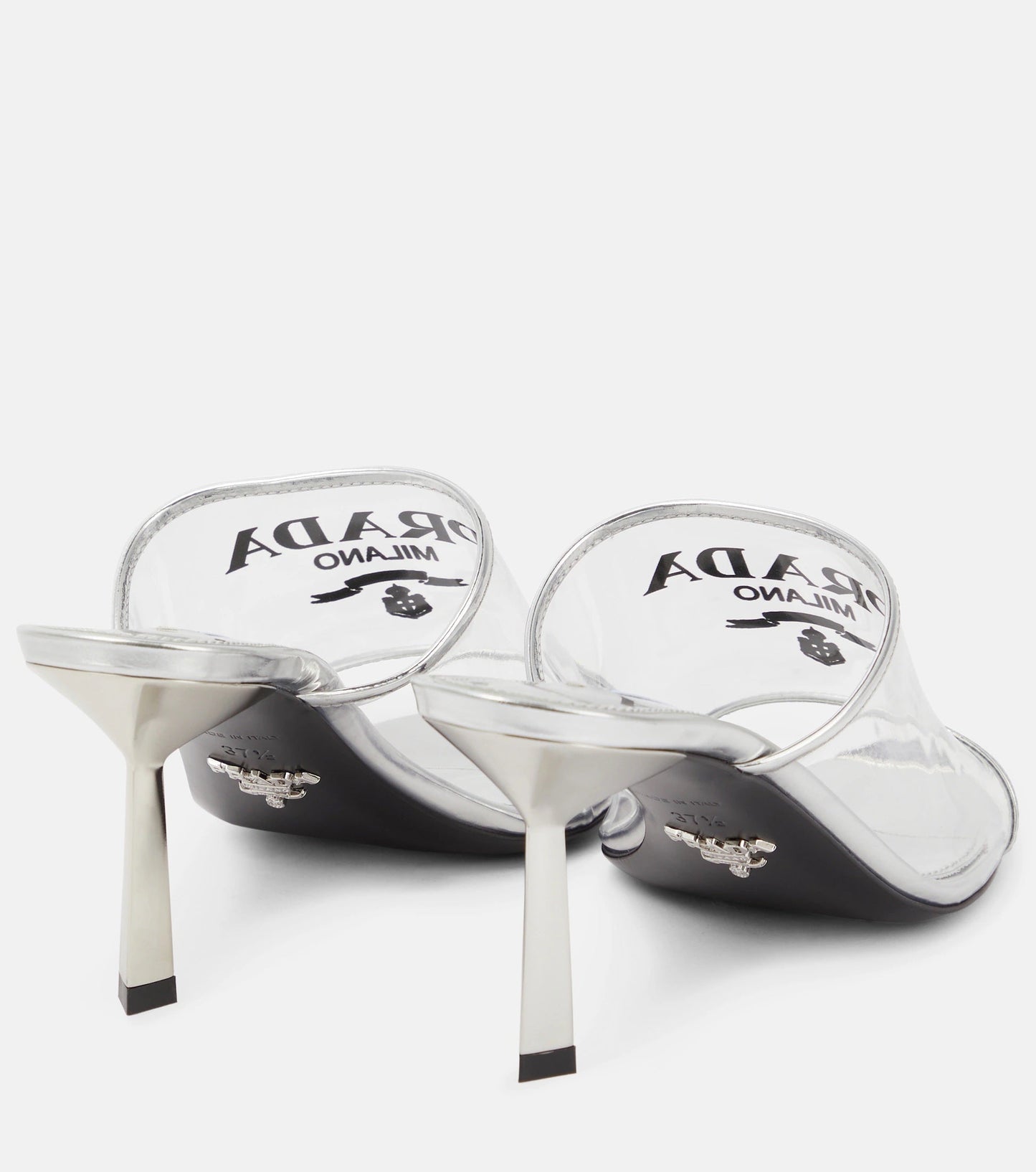 PRADA LOGO PRINT PLEXIGLAS HIGH HEEL SLIDE SANDALS