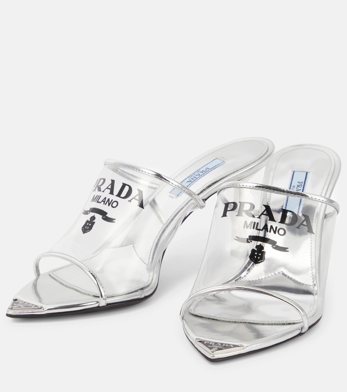 PRADA LOGO PRINT PLEXIGLAS HIGH HEEL SLIDE SANDALS