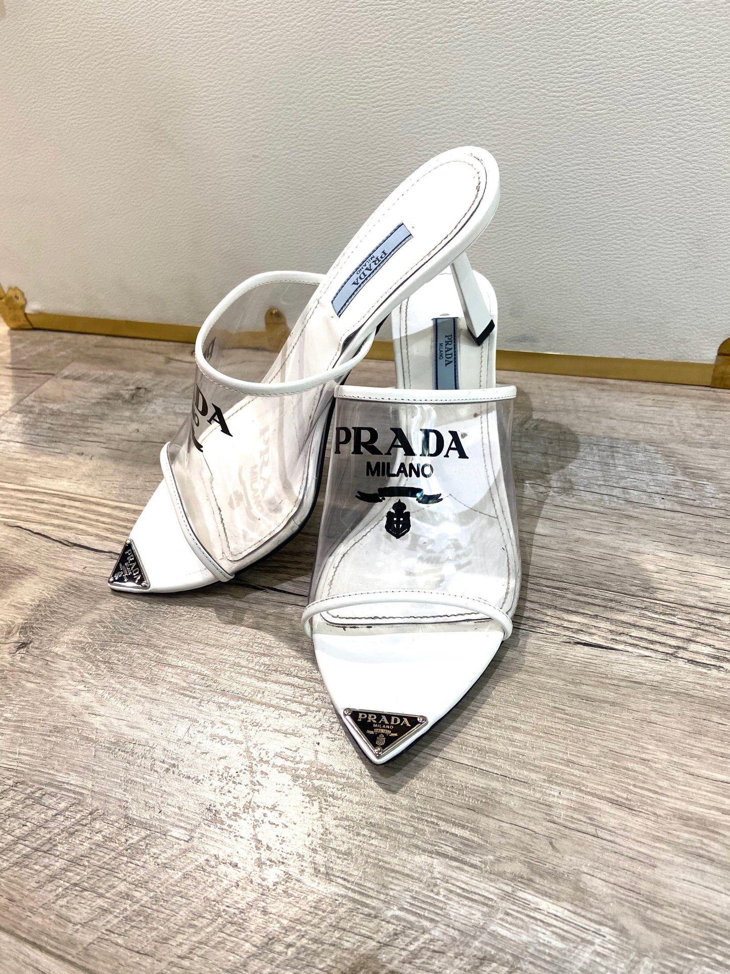 PRADA LOGO PRINT PLEXIGLAS HIGH HEEL SLIDE SANDALS