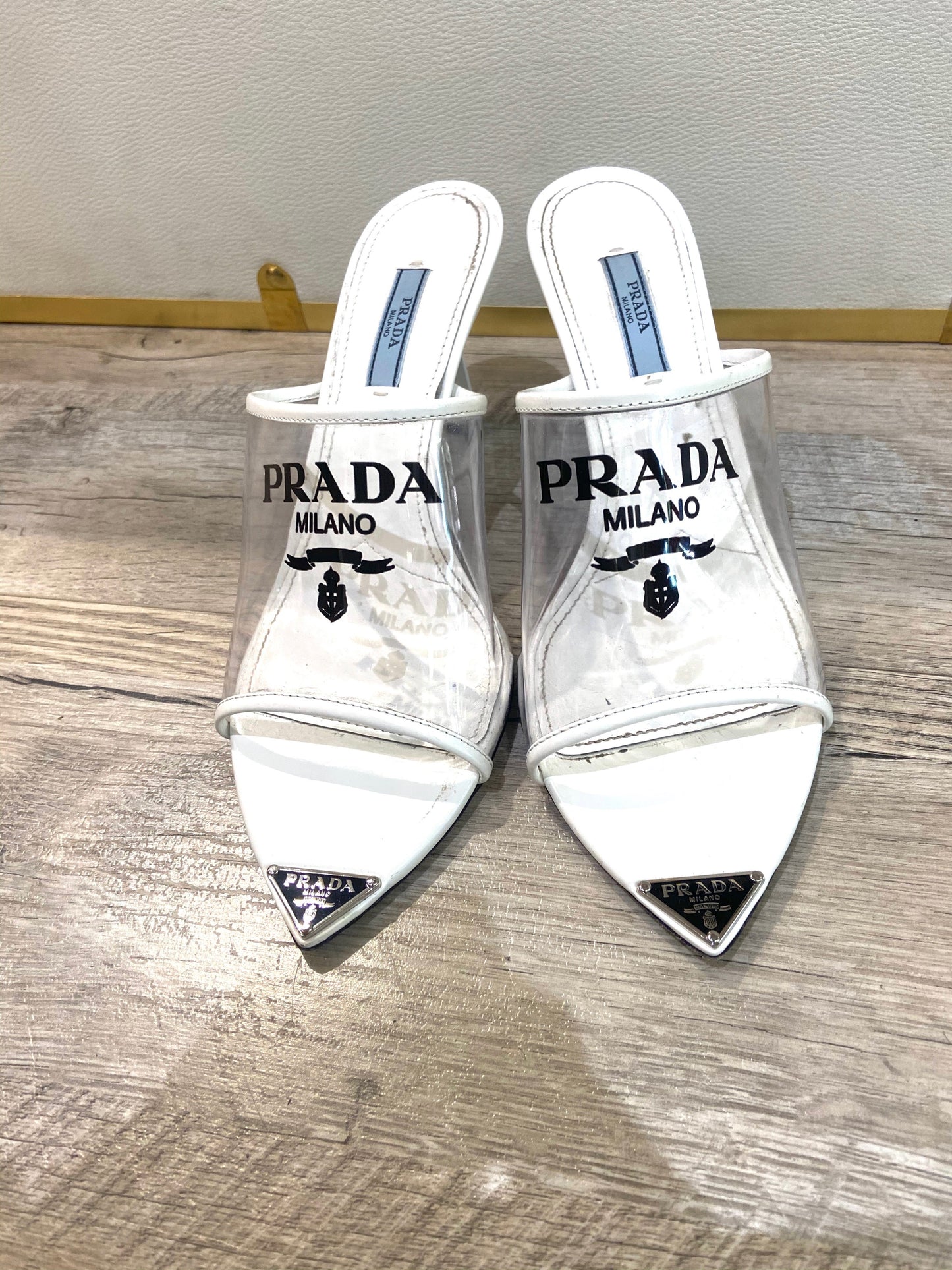 PRADA LOGO PRINT PLEXIGLAS HIGH HEEL SLIDE SANDALS