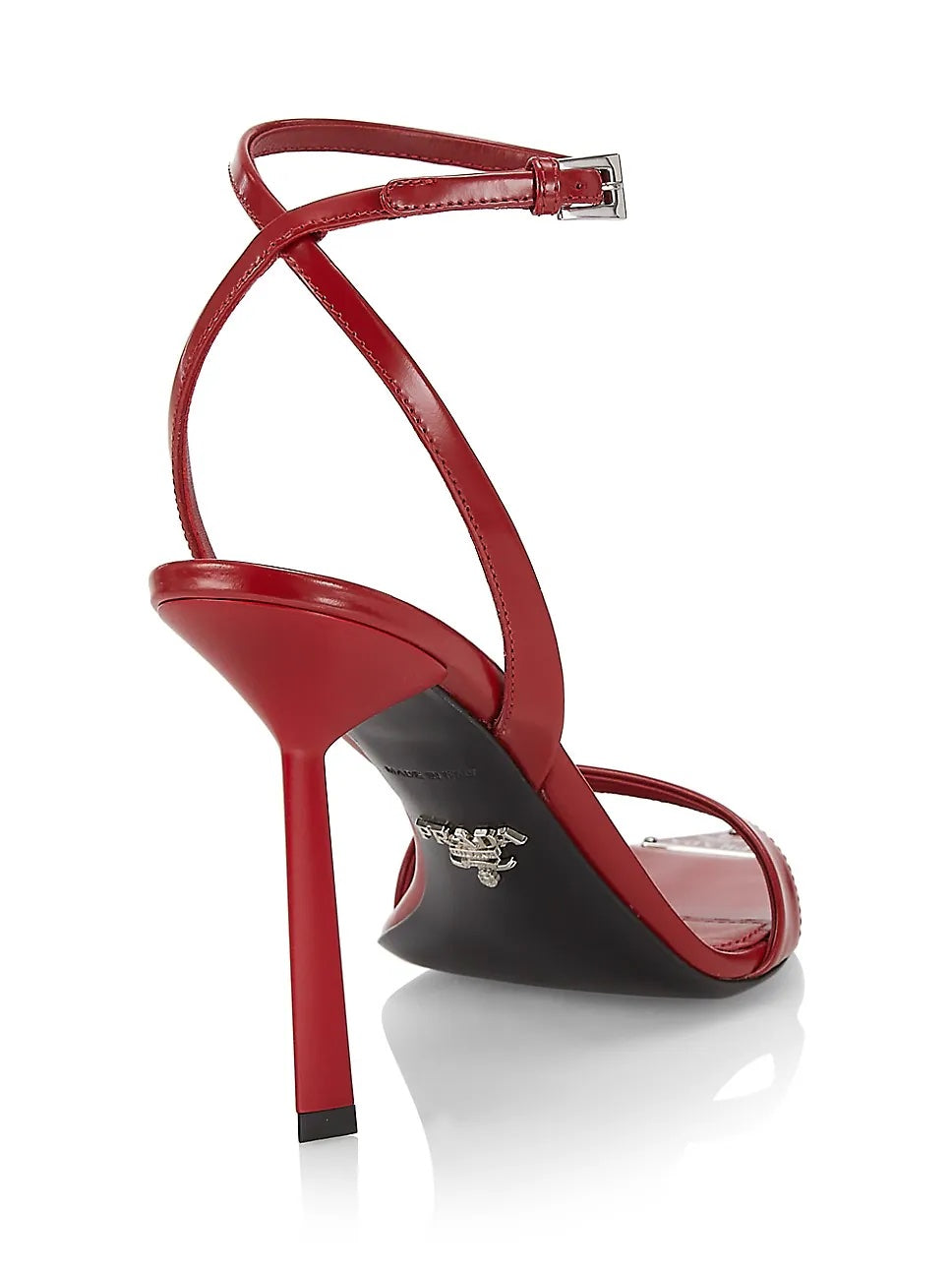 PRADA METALLIC LEATHER HIGH HEEL SANDALS IN SCARLATTO