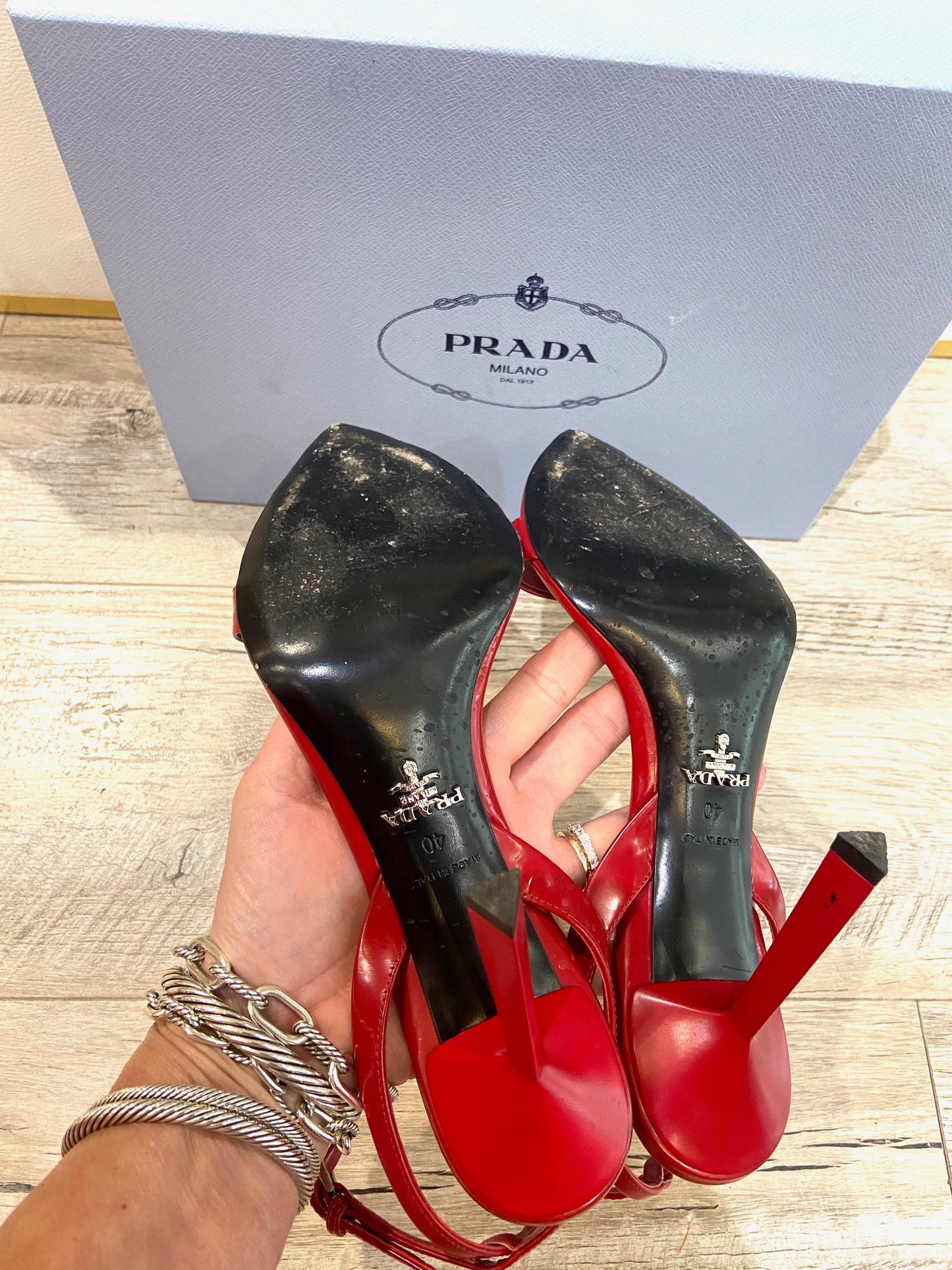 PRADA METALLIC LEATHER HIGH HEEL SANDALS IN SCARLATTO